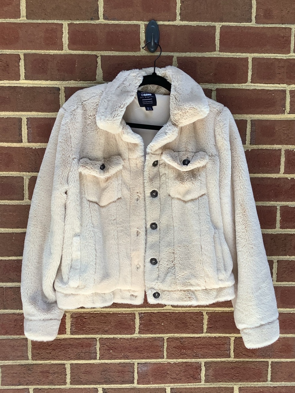 NWOT Ci Sono Button Down Faux Fur Jacket Collar Stone Cream L